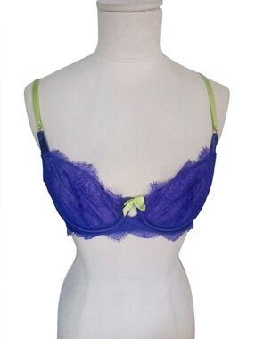 Victoria's Secret Very Sexy Unlined Lace Demi Bra Purple Neon Yellow Accents 32C